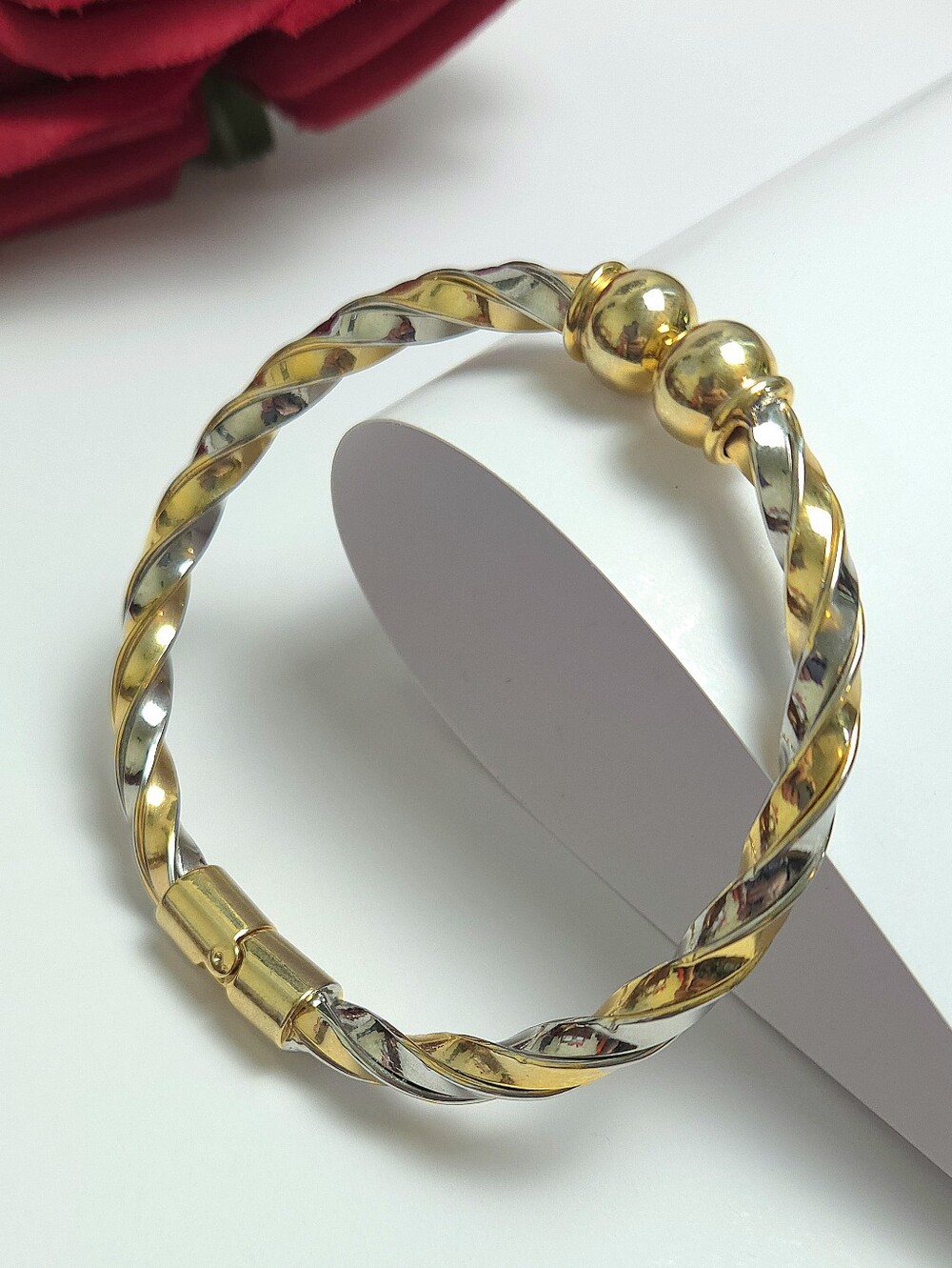 Silver & Gold Tone Twist Rope Style Hinged Bracelet Designer Style